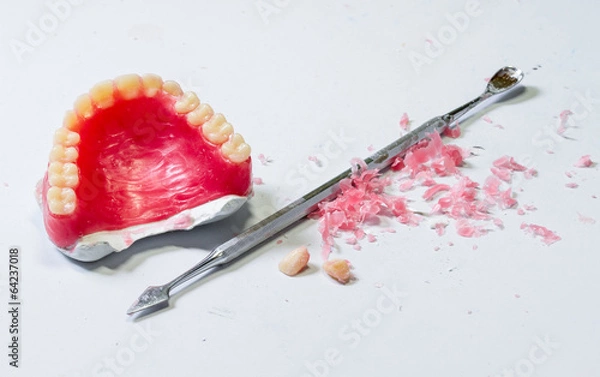 Obraz Wax dentures model. table of dental technician workplace.