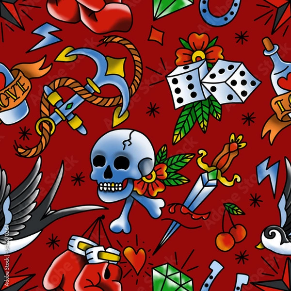 Obraz Old School Tattoo Seamless Pattern. Hand Drawn Seamless Pattern	
