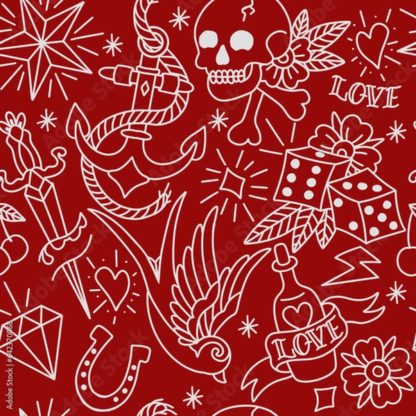 Obraz Old School Tattoo Seamless Pattern. Hand Drawn Seamless Pattern	
