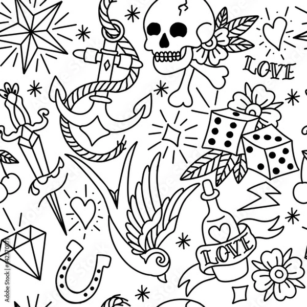 Obraz Old School Tattoo Seamless Pattern. Hand Drawn Seamless Pattern	
