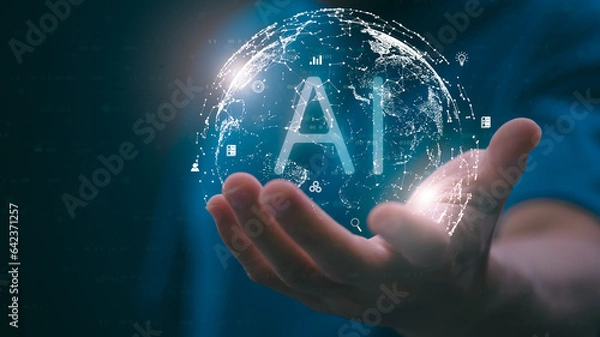Fototapeta The person showing AI technology that connects information to various systems, concepts, management, digital transformation Internet of Things, Big Data and Business Processes, Automated Operations