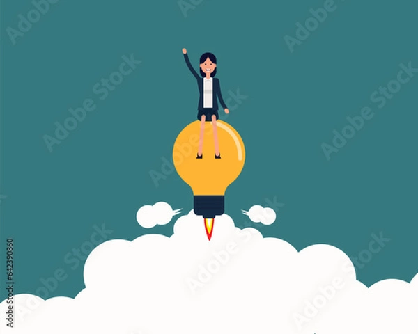 Fototapeta Business growth and development. Ride light bulb concept. Vector illustration in cartoon style