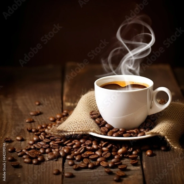 Fototapeta close up of coffee cup on wooden table steam rising 