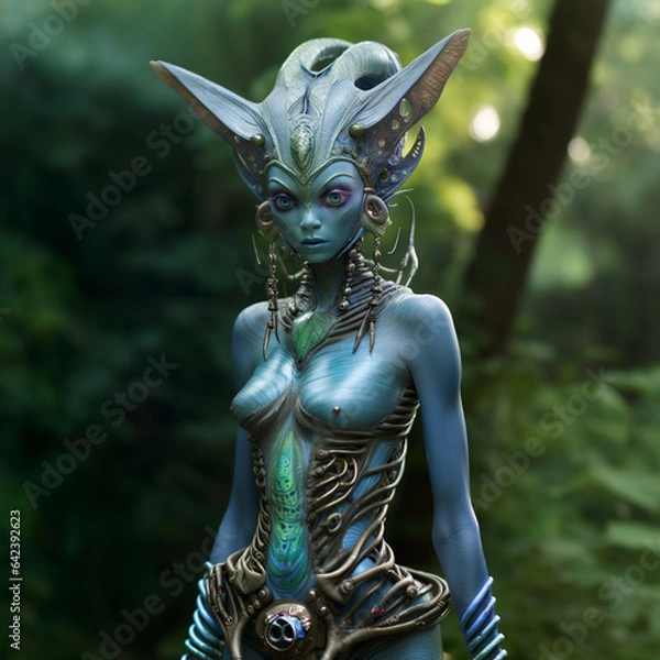 Obraz Alien monster princess, a fantasy portrait of a stylish female creature standing outdoors in the forest. Generative AI illustration	

