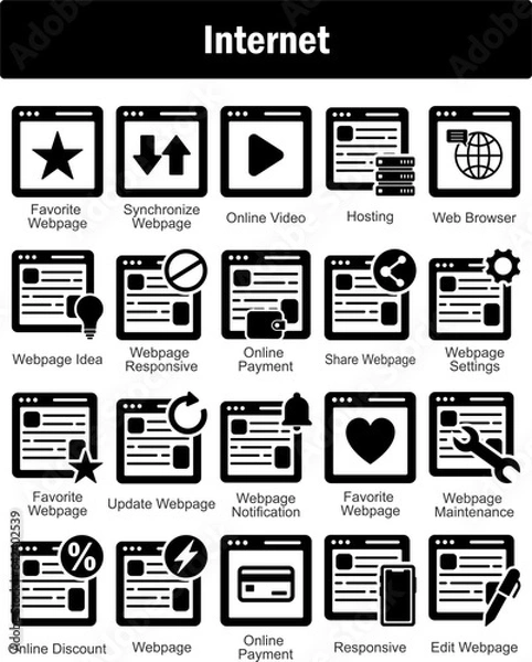 Fototapeta A set of 20 Internet icons as favorite webpage, synchronize webpage, online video