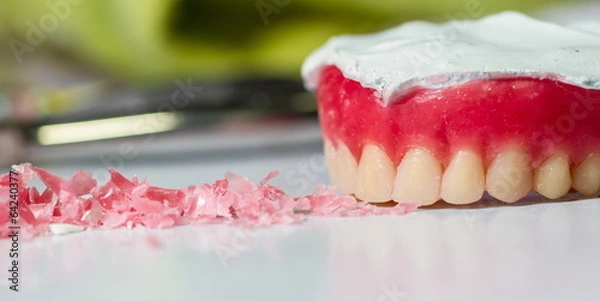Obraz Wax dentures model. table of dental technician workplace.