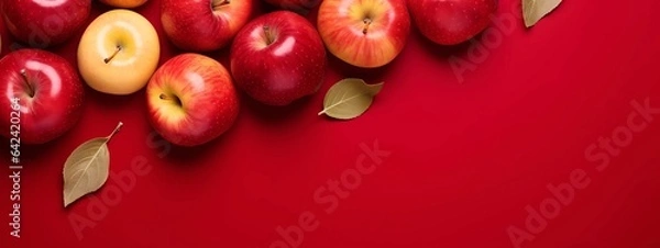 Obraz Red apples with leaves on red background