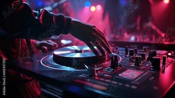 Fototapeta DJ at the turntable during the night party. 