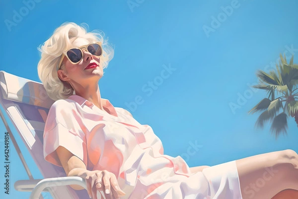 Obraz A white grandma relaxing by the poolside. blonde hair. clear sky. Sunshade.