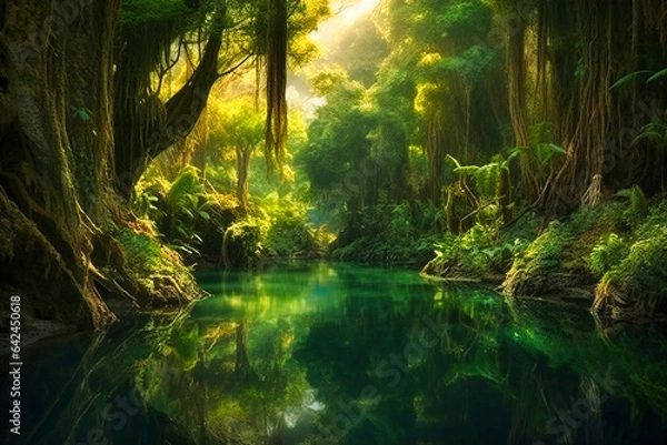Fototapeta A Verdant Lake Enveloped by Lush Foliage, Serene Oasis