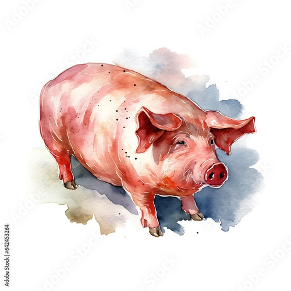 Fototapeta pig, made of watercolor, gouache paint, white background, isolated, generative ai