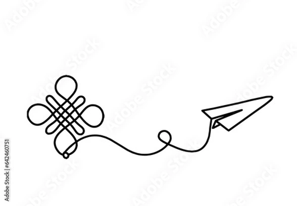 Fototapeta Sign of endless auspicious knot with paper plane as line drawing on the white background. Vector