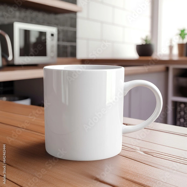 Fototapeta White ceramic coffee mug on the kitchen table. Mug mockup. Natural lighting inside a modern kitchen as the blurred background