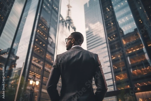 Fototapeta Back view of an African-American businessman in a formal suit against the backdrop of skyscrapers in the business district of the city. Success and prosperity. Hard work in finance.