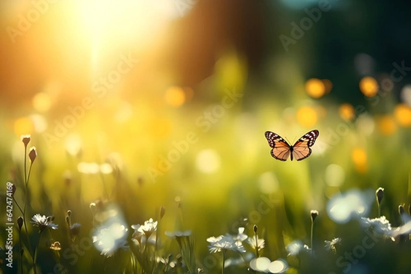 Obraz Sunny summer nature background with fly butterfly and wildflowers on Forest glade grass with sunlight and bokeh. beautiful Outdoor nature.