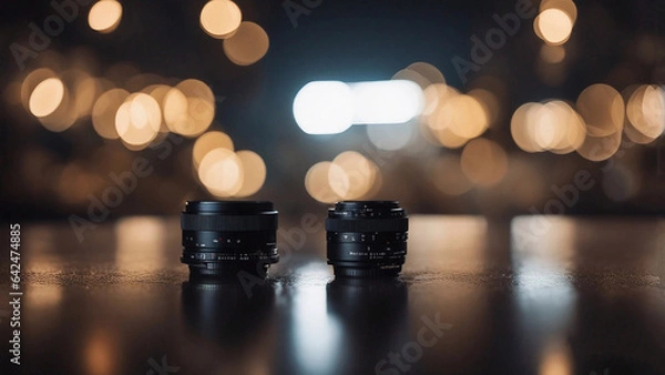 Fototapeta Photographic lens is placed on the ground and the background of the bokeh lights.
