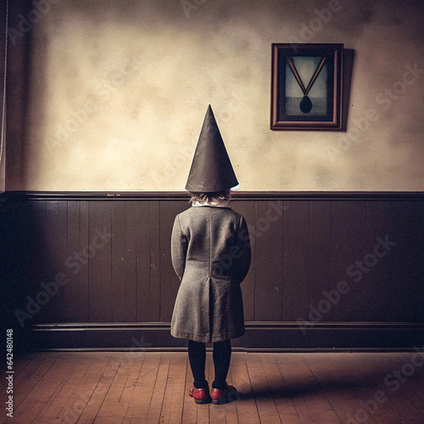 Obraz Retrograde Classroom Discipline: Punished Pupil in Dunce Cap - generative ai