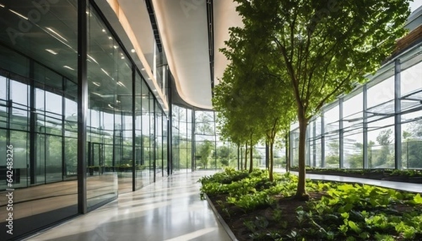 Fototapeta Eco-friendly glass office featuring sustainable building with green environment and trees