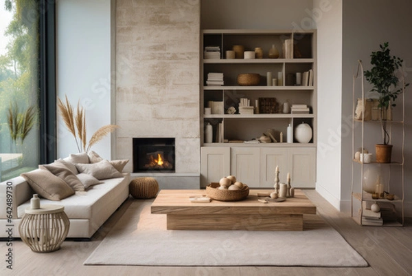 Fototapeta Cozy scandinavian living room in beige with a fireplace, a sofa with cushions and shelves