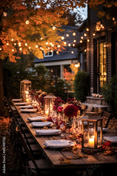Fototapeta Autumn outdoor dinner table setting with lanterns and bulb lights, vertical, night, fall harvest season, rustic, fete party, outside dining tablescape