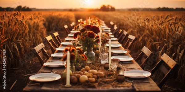 Obraz Autumn outdoor long banquet table setting, wheat field, fall harvest season, wide, rustic, fete party, outside dining tablescape