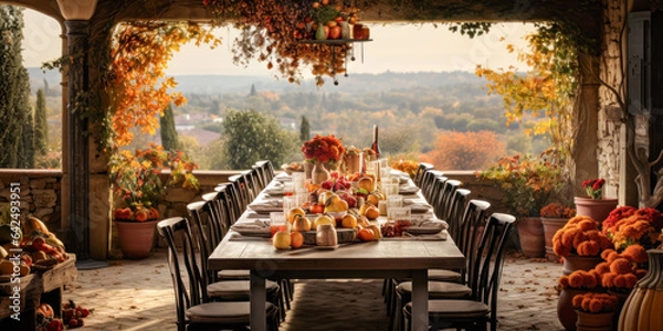 Fototapeta Autumn outdoor dinner table on patio with fall foliage vista, harvest season, rustic, fete party, outside dining tablescape