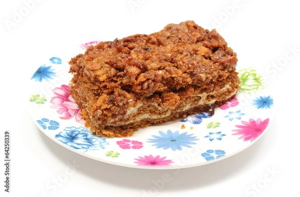 Fototapeta Delicious walnut cake on colorful plate. White background