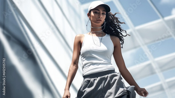Fototapeta She jogs in stylish athleisure gear, looking fit and ready to take on the day.