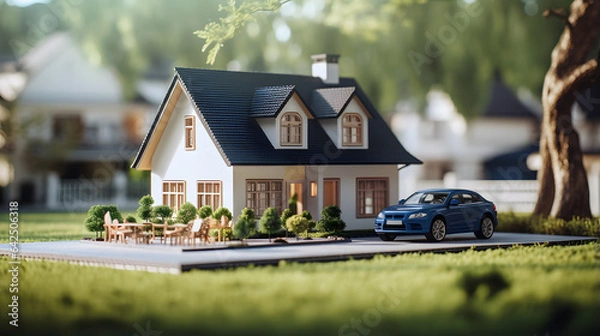 Obraz there is a small model of a house with a car parked in front of it Generative AI