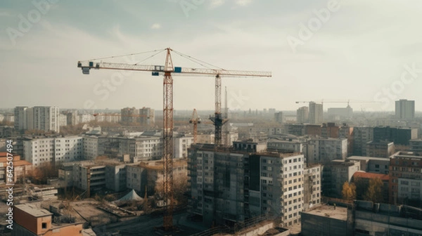 Fototapeta Construction site with a tower crane. Construction of residential buildings. Panoramic view of the construction of skyscrapers. Landscape with a modern city.
