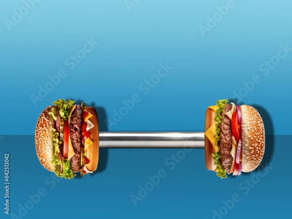 Obraz A painting depicting two dumbbells with burgers instead of weights, on a blue background.