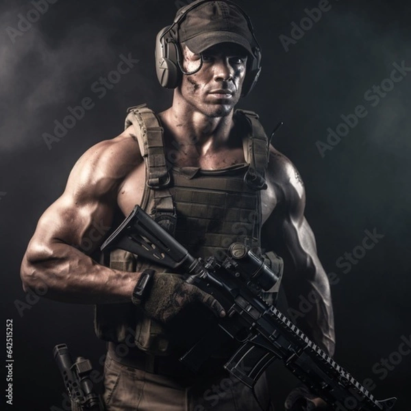 Fototapeta Macho Soldier with a Gun, Cutripped Cell Style, cinematic rambo stsle, generative AI
