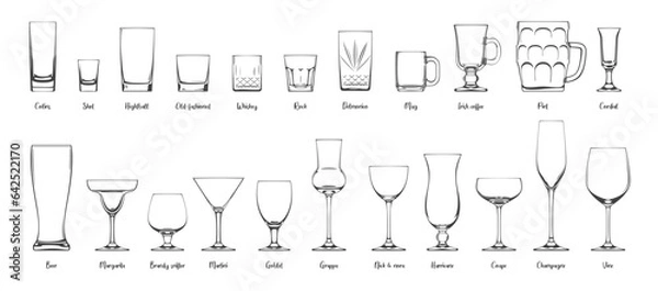 Obraz Glass and wineglass set. Different types of glasses and wineglasses on white. Vector illustration