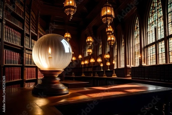 Fototapeta In a futuristic setting, a white crystal ball levitates above a gleaming metallic pedesta. AI Generative
