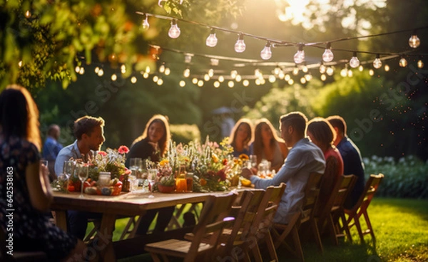 Fototapeta Autumn barbecue party with friends. Happy couple friends enjoying dinner, toasting wine glasses at summer table on house patio with string lights, digital ai
