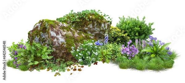 Fototapeta Cutout rock surrounded by flowers. Garden design isolated on transparent background. Flowering shrub and green plants for landscaping. Decorative shrub and flower bed