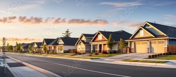 Fototapeta A residential area at dusk with spacious homes and yards captured from the street providing room for copy