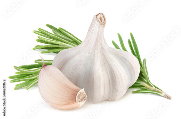 Fototapeta Isolated spices. Garlic and rosemary isolated on white background