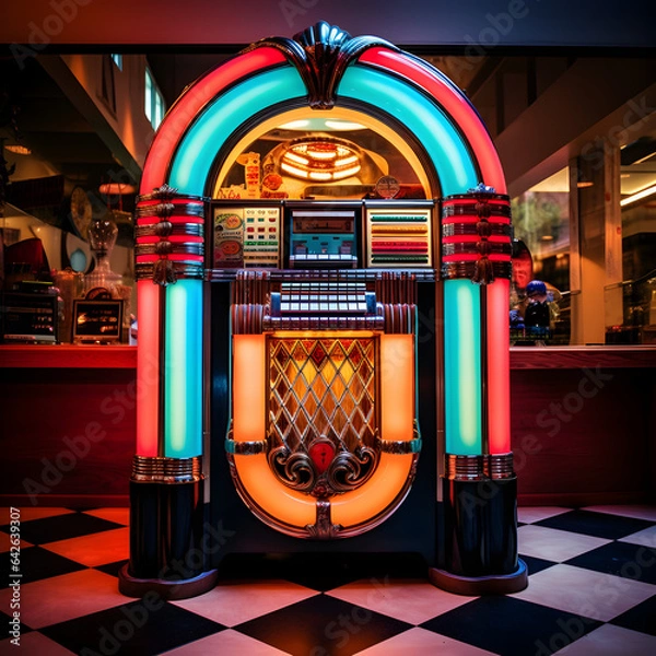Fototapeta Old fashioned 1950's style jukebox in a diner. Generative ai. 
