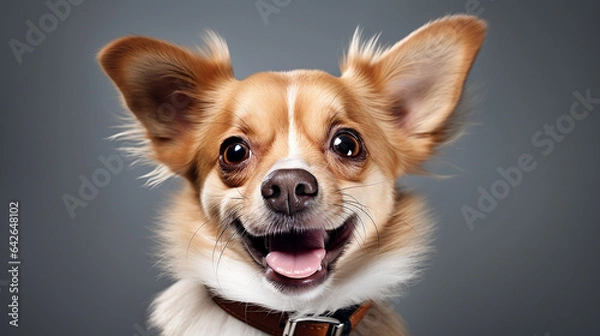 Fototapeta FCute chihuahua dog on grey background. Close up. Cute, happy, crazy dog headshot smiling on gray background with copy space