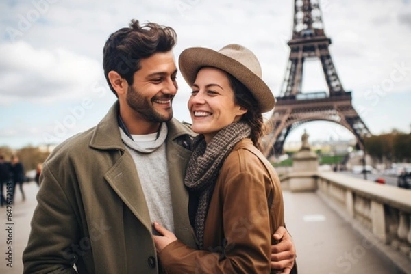 Obraz happy couple in hats hugging and looking at each other near eiffel tower