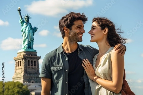 Obraz Couple in their 30s smiling in front of the Statue of Liberty in New York USA