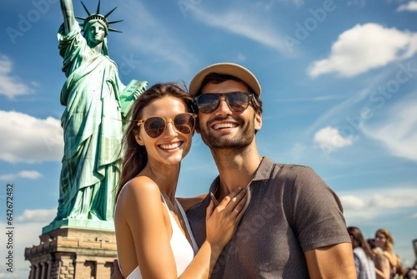 Obraz Couple in their 30s smiling in front of the Statue of Liberty in New York USA