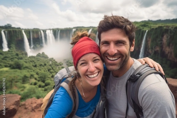 Obraz Couple in their 30s smiling at the Iguazu Falls Argentina-Brazil Border