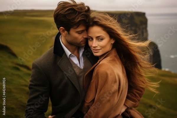 Fototapeta Couple in their 30s at the Cliffs of Moher in County Clare Ireland