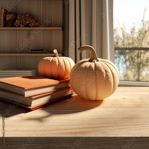 Fototapeta two pumpkins sitting on top of a table next to a stack of books and an open book with a window in the background