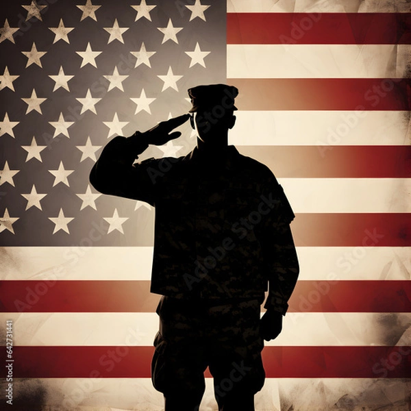 Fototapeta Silhouette of Soldier saluting in front of the American flag. A military, veteran, and patriotism concept. Generative ai. 
