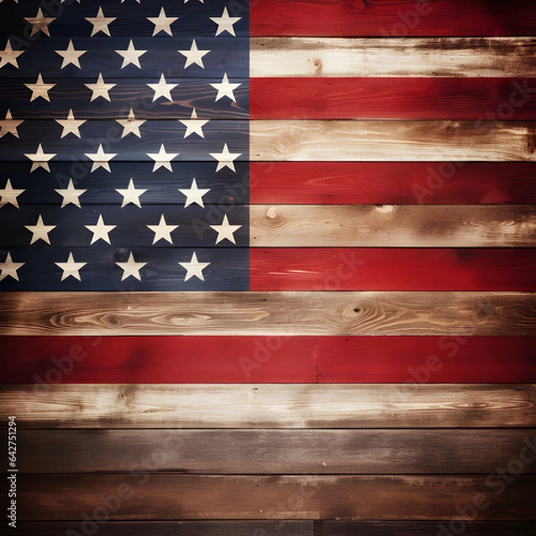 Fototapeta An American flag painted on a rustic wood textured board. A display of patriotism and national pride. Generative ai. 