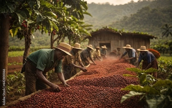 Obraz Workers select coffee beans in a coffee farm generated by AI.