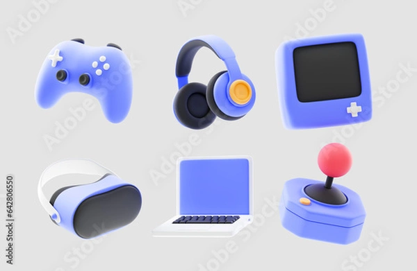 Fototapeta gaming gadgets 3d icon set. Video game console, gamepad, VR headset on isolated background. 3d rendering